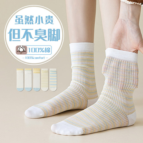 夏季女纯棉防臭网眼透气中筒袜
