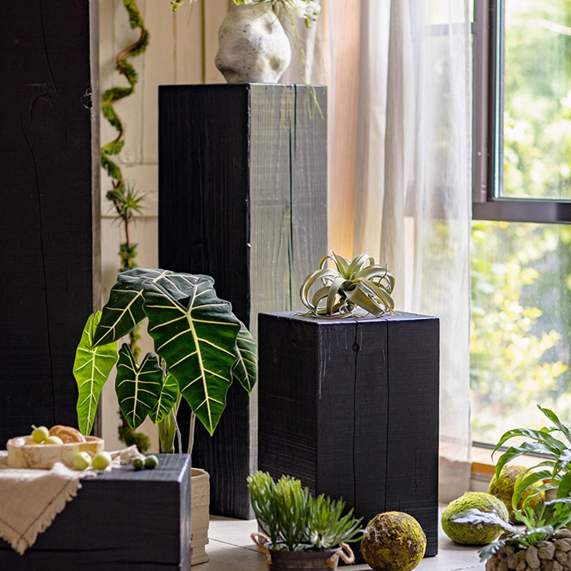 欧式方形黑色木墩花架复古做旧