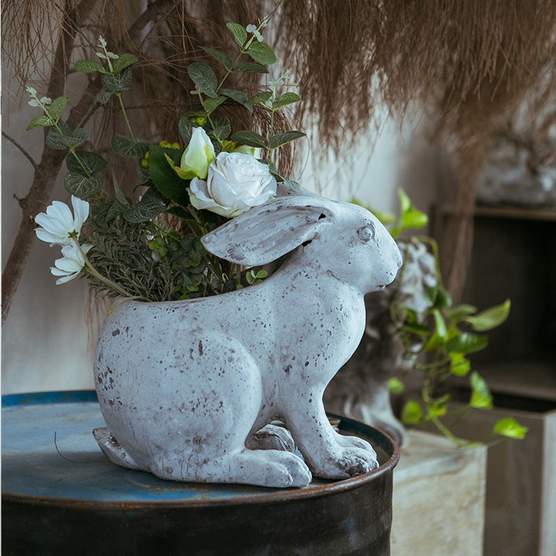 欧式复古做旧铁艺兔子创意花盆