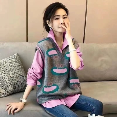 欧洲站针织毛衣马甲衬衫两件套女休闲叠穿套装时尚显瘦气质上衣秋