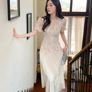 新款夏季气质温柔风高个子穿搭收腰显瘦V领连衣裙夏轻奢时尚长裙