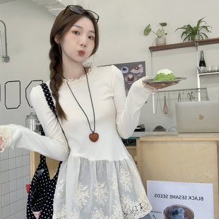 上衣t恤 复古小众设计感拼接蕾丝花边打底衫 实拍～大码 胖MM法式