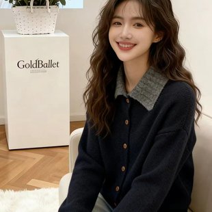 2025新款 已出货 女长袖 宽松显瘦设计感条纹POLO领针织衫 上衣 韩版