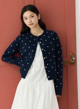 SAME OLD藏蓝色新款复古波点满印毛衣针织开衫女外套百搭显瘦上衣