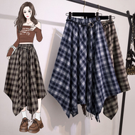 大码女装秋季新款复古格纹格子不规则季高腰显瘦设计半身裙