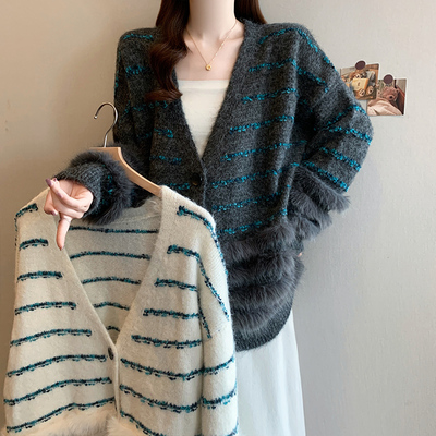 实拍2025秋冬新款大码女韩系撞色条纹针织宽松慵懒风软糯毛衣外套