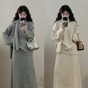 围巾 实拍大码 胖mm慵懒风毛衣上衣 秋冬新款 针织半身裙三件套 女装