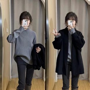 针织高领毛衣203新款 宽松显瘦加厚针织灰色高领毛衣