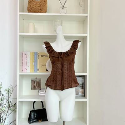 8uioio 黑巧可露丽 法式荷叶边衬衫女夏2025新款复古修身收腰上衣