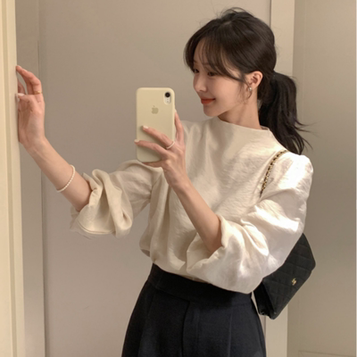 Korea 简约小立领设计灯笼袖时尚米白衬衫