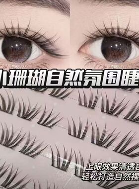锦瞳美妆10排免胶法式小珊瑚假睫毛小薄片分段式单簇自然仿真斜飞