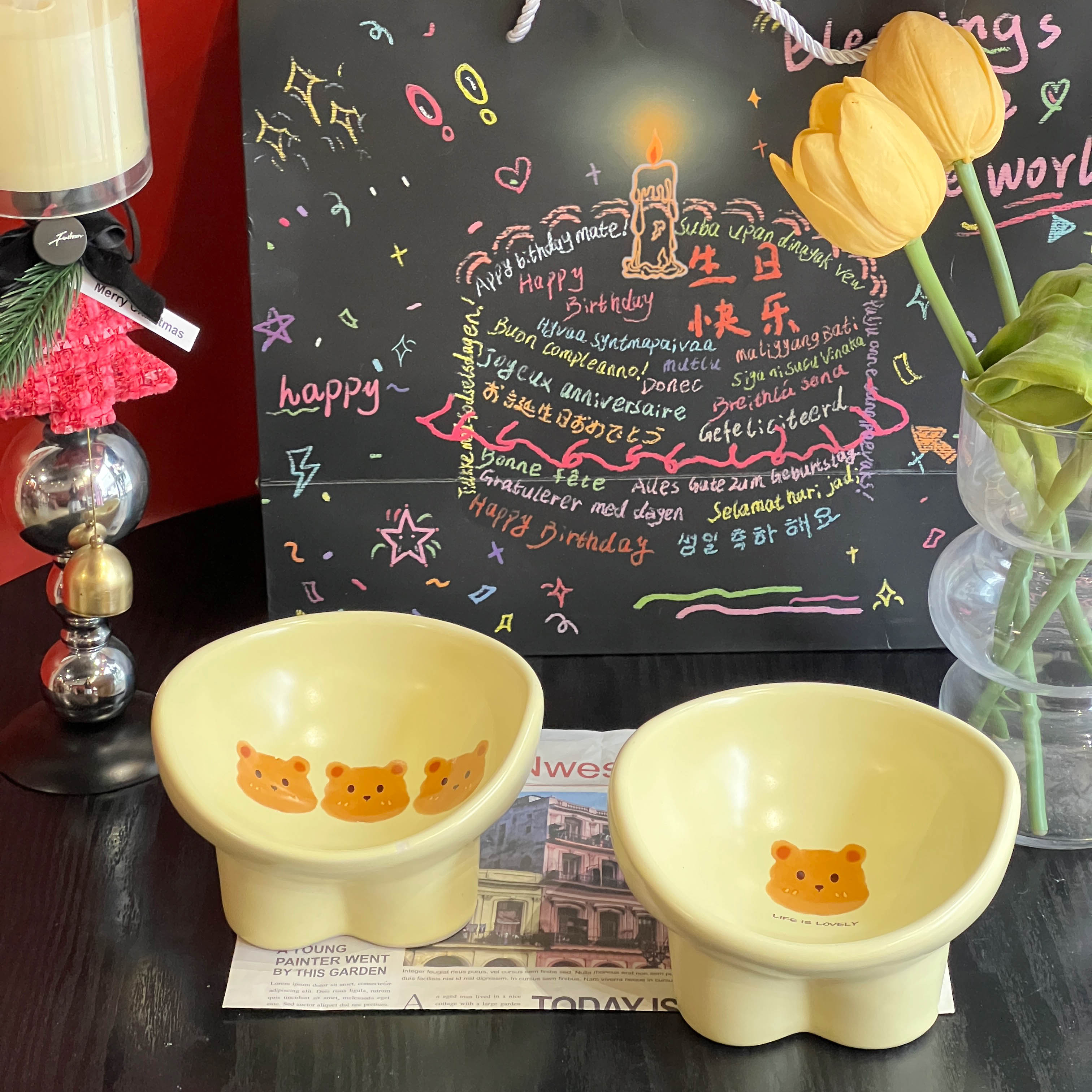 高脚猫咪陶瓷碗狗狗斜口保护颈椎猫狗防黑下巴防打翻ins风喝水碗