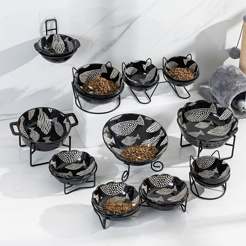 黑色鱼猫碗陶瓷高颜值猫食盆