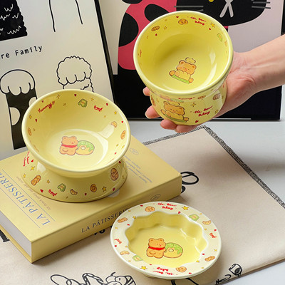 面包熊猫碗陶瓷一对宠物碗防打翻猫粮碗防溅狗狗饭碗养猫用品套装