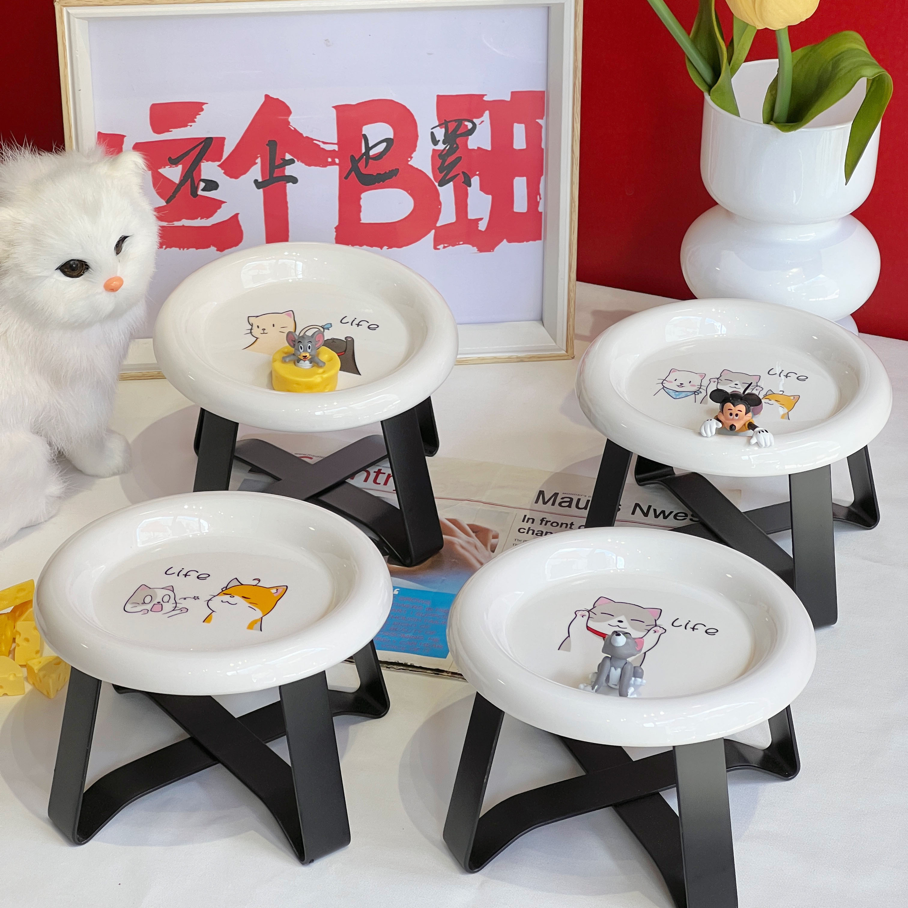 浅口猫碗陶瓷大口径猫咪碗猫盆猫饭碗宠物食盆罐头碗高脚护颈ins