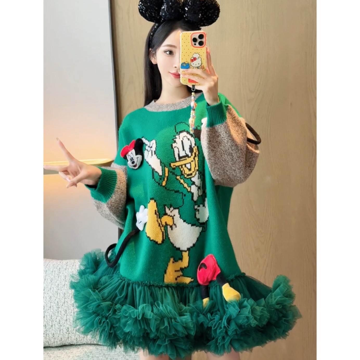 潮牌设计拼接重工蓬蓬纱裙米奇玩偶唐老鸭可爱卡通宽松毛衣连衣裙
