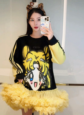 原创厚宽松丝绒甜美重工烫钻网纱