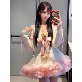 设计师潮牌拼接重工网纱蓬蓬小熊玩偶宽松显瘦纯欲可爱毛衣连衣裙