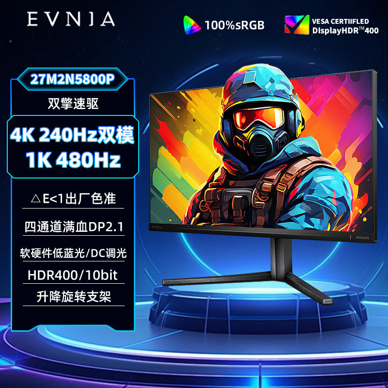 飞利浦27英寸4K240Hz双模1K480Hz显示器硬件低蓝光屏