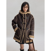 Dotdrobe多着 麂皮绒大兜帽学院风羊剪绒内里皮毛一体外套女 咖色