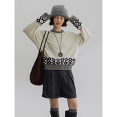 Dotdrobe多着 极简北欧风羊毛混纺提花菱格圆领毛衣女秋冬 云米色