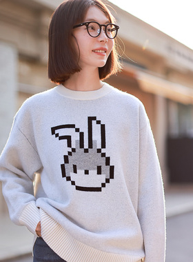 DotDrobe多着 灰色UPW美利奴羊毛像素兔圆领毛衣女春款针织衫休闲