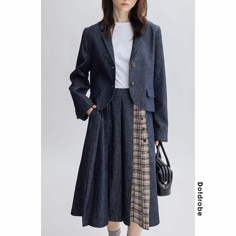 多着亚麻棉牛仔拼接格纹百褶裙