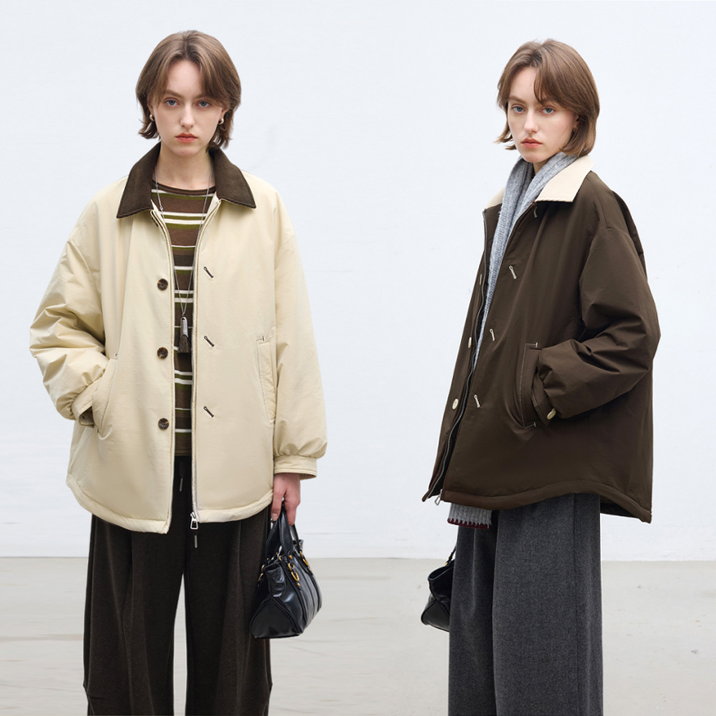 多着90白鸭绒灯芯绒撞色领羽绒服