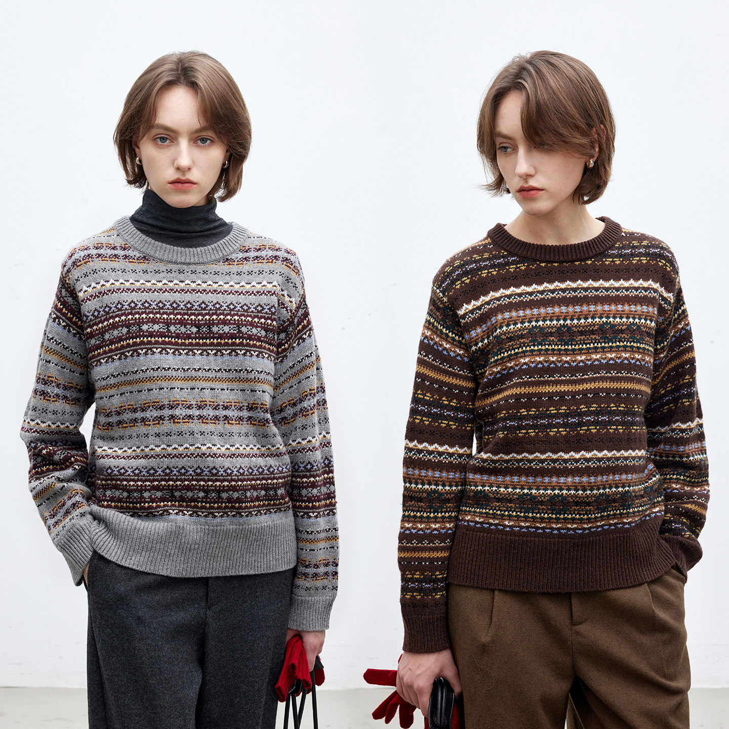 复古提花羊毛混纺套头毛衣