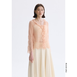 Dotdrobe多着  超幼马海毛羊毛混纺 荷叶边套头针织衫女春季薄款