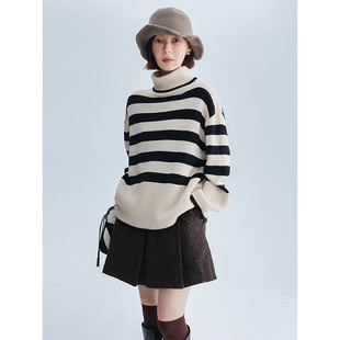 高领针织衫 女早春毛衣宽松 羊毛混纺黑白条纹中长款 Dotdrobe多着