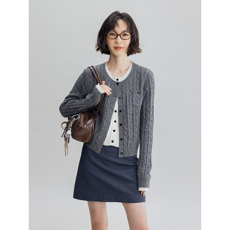 多着双层撞色假两件羊毛针织开衫