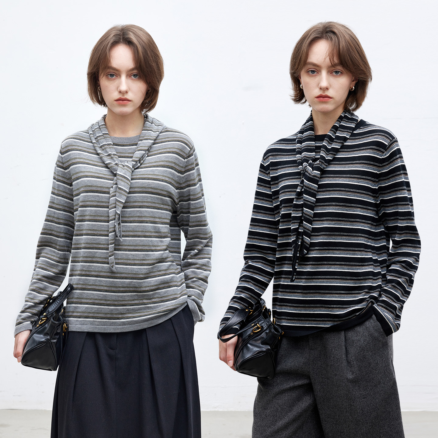 羊毛混纺条纹圆领毛衣送三角巾