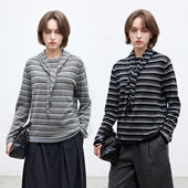 Dotdrobe多着 两色入 女带三角巾 羊毛混纺 条纹圆领毛衣针织衫