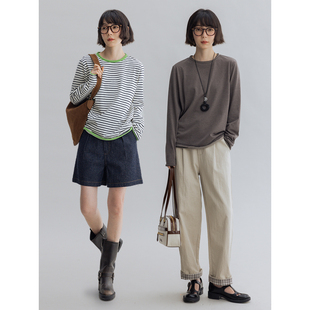 蓝白条 Dotdrobe多着 T恤女春宽松 卷边圆领条纹长袖 灰色 瘦瘦T