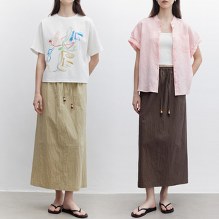 Dotdrobe多着 砂洗微皱面料 松紧腰抽绳工装感直筒半身裙夏两色入