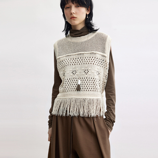 Dotdrobe多着 城市游牧风 挑空流苏圆领针织背心女秋宽松-米杏色