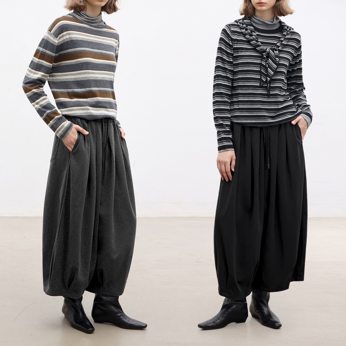 多着毛感面料松紧腰多褶裥灯笼裤