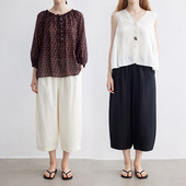 Dotdrobe多着 两色入 女夏款 亚麻混纺 弯刀型松紧腰八分阔腿裤