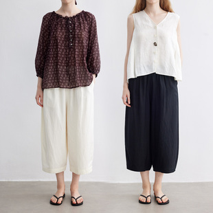 Dotdrobe多着 亚麻混纺 弯刀型松紧腰八分阔腿裤女夏款-两色入