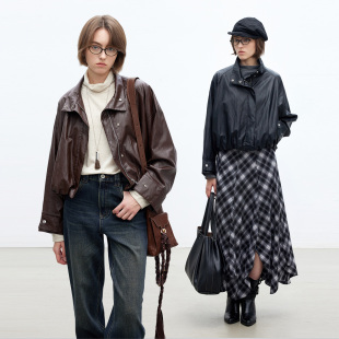 PU环保皮衣夹克女秋款 立领短款 两色入 蝙蝠廓形 Dotdrobe多着