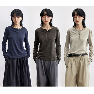 Dotdrobe多着 天丝亚麻棉 亨利领长袖T恤女打底衫早秋外穿-三色入