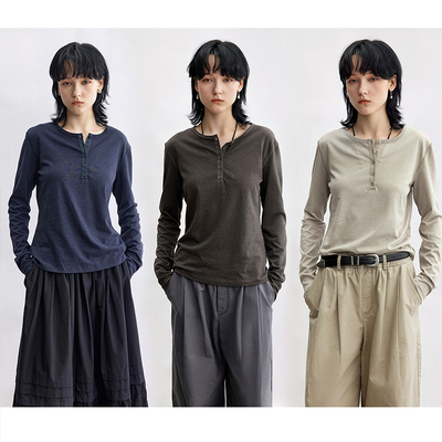 多着天丝亚麻棉亨利领长袖T恤