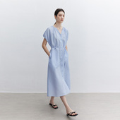 Dotdrobe多着 连衣裙夏宽松两色入 可调节腰花苞袖 亚麻天丝 一片式