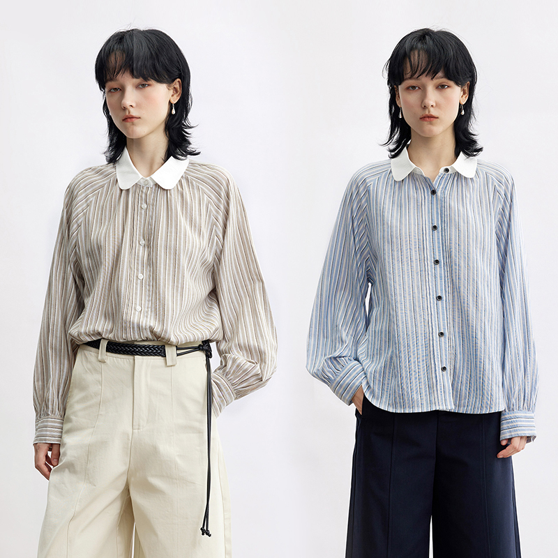 多着轻薄款撞色领纯棉条纹衬衫