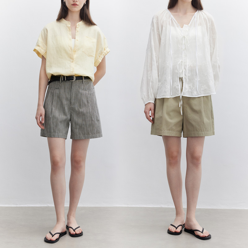 多着亚麻棉花苞型前插袋短裤