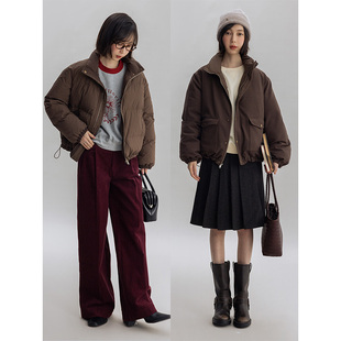 Dotdrobe多着 立领双面穿 90白鸭绒短款羽绒服女宽松-咖色/灰色