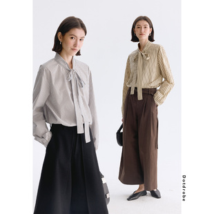 Dotdrobe多着 飘带半门襟 小立领灯笼袖条纹衬衫女早春通勤叠搭