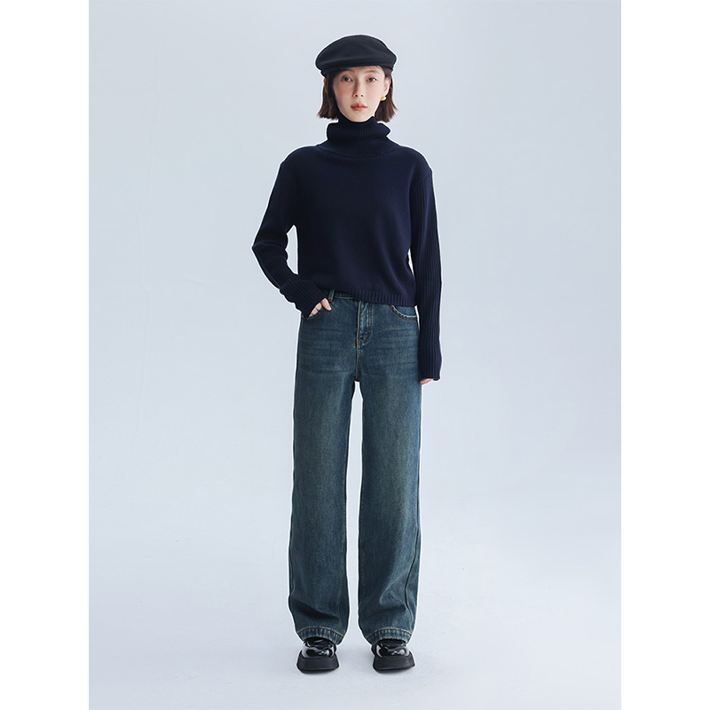 超厚复合保暖绒底直筒阔腿牛仔裤