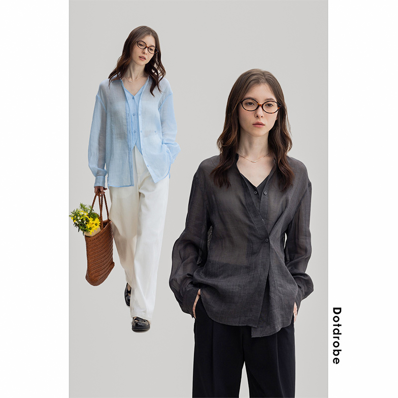 多着假两件门襟苎麻天丝长袖衬衫